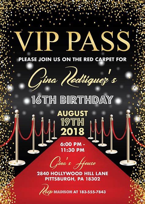 Vip Pass Hollywood Red Carpet Birthday Invitation Sweet 16 Etsy