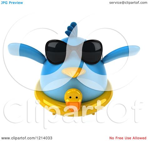 Clipart Of A 3d Flying Chubby Blue Bird Wearing Sunglasses And A Ducky