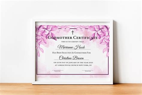 Editable Godmother Certificate Template Printable Baptism Etsy