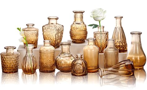 Cucumi 14pcs Glass Bud Vase Set Small Amber Vases For Centerpieces In Bulk Mini Vintage Glass