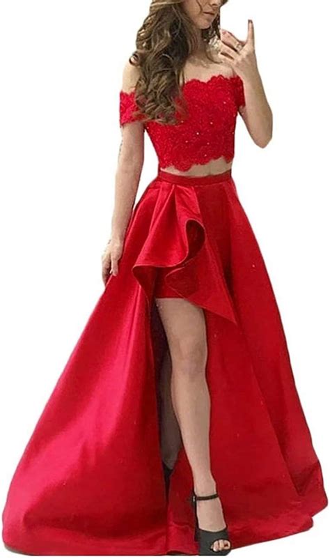 Eefzl Two Piece Prom Dresses Satin Lace Off Shoulder Formal Evening