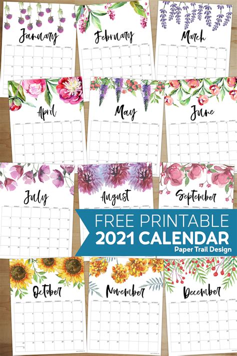 Free Printable Calendar 2021 Floral Paper Trail Design