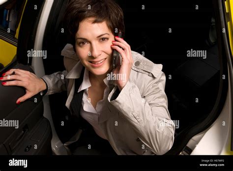 Business Woman Traveler Exits Taxi Cab Transportation Conversation