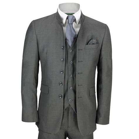 Mens Grey Chinese Grandad Collar 3 Piece Suit Fitted Nehru Jacket