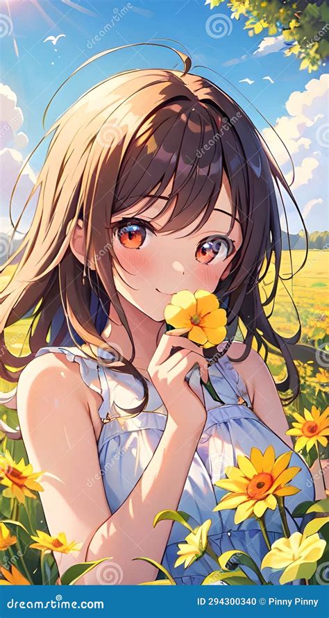 A Cute And Innocent Anime Girl In An Open Field With Beautiful Flower