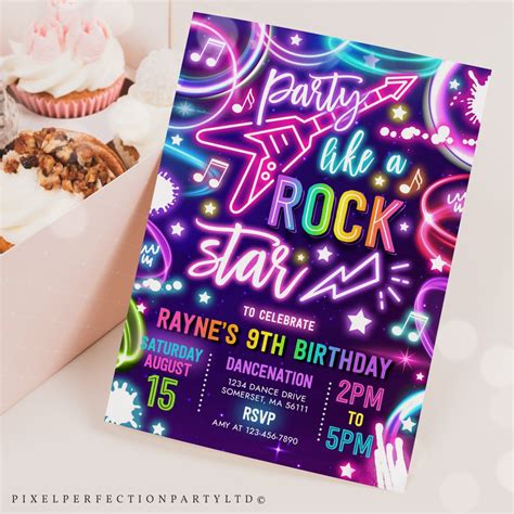 Editable Rock Star Birthday Party Invitation Neon Glow Party Like A