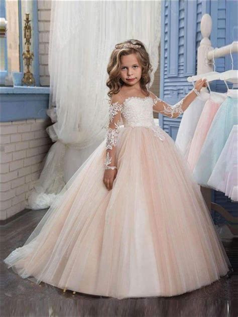 Long Sleeve Champagne Puffy Lace Flower Girl Dress Wedding Dresses
