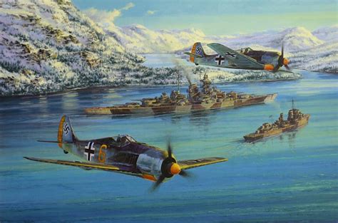 Two Planes And One Warship Painting World War Ii Fw 190 Focke Wulf
