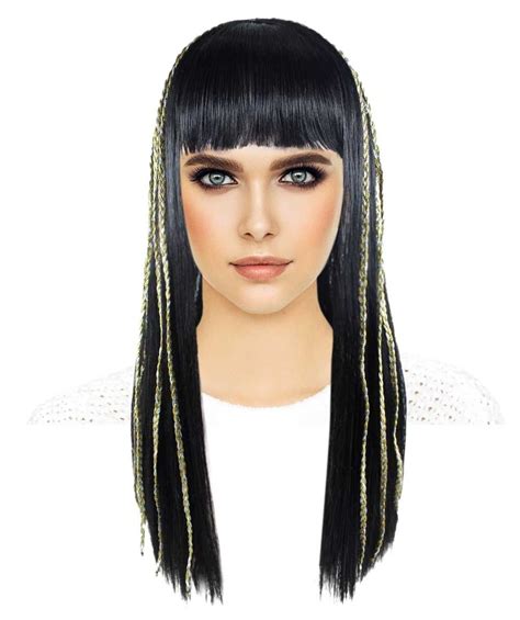 Egyptian Princess Womens Wig Gold Striped Long Black Mid Eastern Queen Halloween Wig Premium