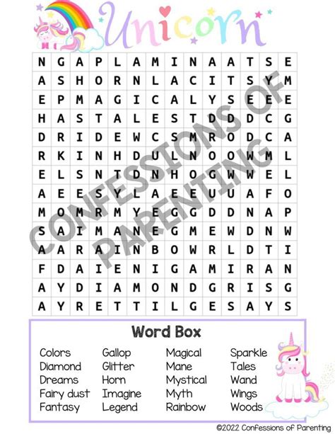 Printable Unicorn Word Search Perfect For Kids