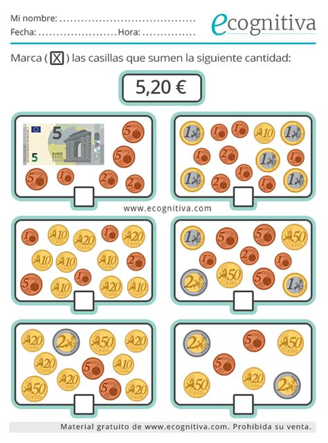 Ejercicios de manejo del dinero euros Estimulación cognitiva