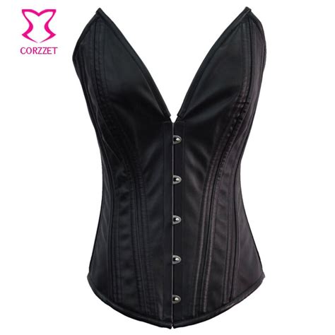 Black Leather Double Steel Boned Overbust V Neck Gothic Corset Steampunk Waist Slimming Corsets