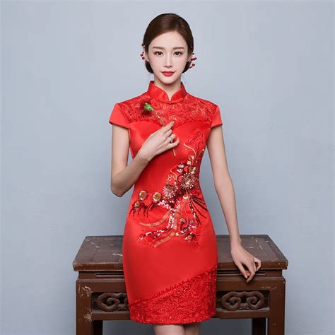 Traditional Chinese Dress Bride Wedding Qipao Mini Sexy Red Silk Cheongsam Oriental Dresses Qi