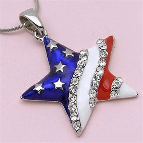 Enamel Necklace American Flag Star With Clear Stones Pendant Necklaces For Women Girls Gift