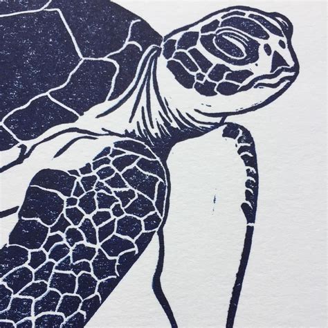 A Close Up View Of My Prussian Blue Sea Turtle Linocut Print Printed