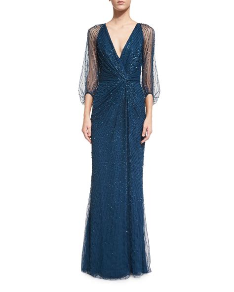 Jenny Packham 34 Sleeve Embellished Wrap Gown In Blue Abusson Blue