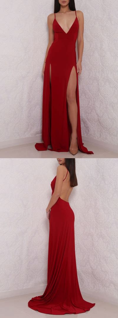 Sexy Deep V Neck Red Prom Dresshigh Slit Prom Dress Sexy Backless