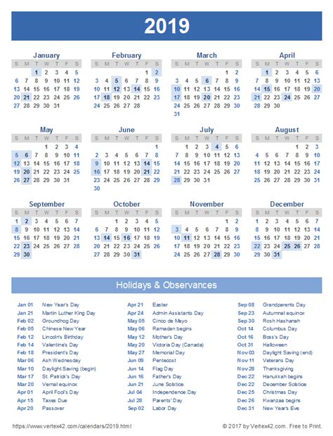 2019 Calendar With Holidays Usa Free Download Printables Unlimited