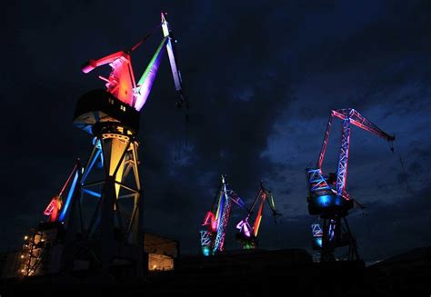 Skira S Illuminated Shipyard Cranes Look Like Orgami In The Sky Crane
