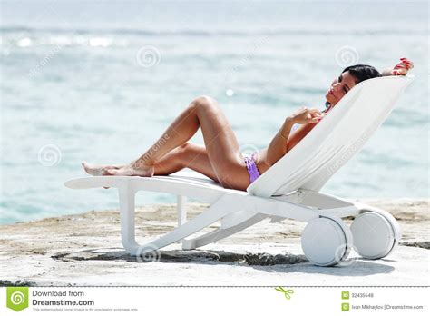 Woman In Chaise Lounge Near Sea Stock Photo Image Of Bikini Female