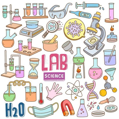 Hand Drawn Cartoon Set In Doodle Color Laboratory And Science Stock
