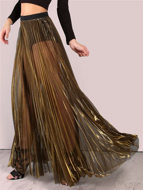Sheer Metallic Pleated Maxi Skirt GOLD SheIn Sheinside