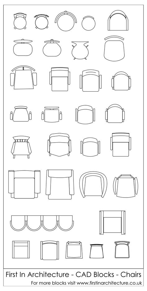 Chairs, seats of various types, stools, armchairs. Free CAD Blocks - Chairs in Plan for free download