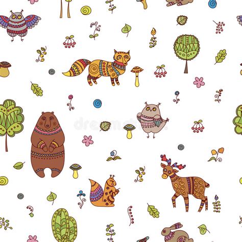 Doodle Seamless Pattern With Forest Animals Stock Vector Illustration