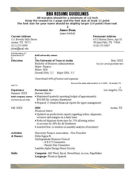 Resume headline is very important and it compels the recruiter to read further your resume. BBA Sample Resume With Directions