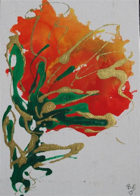 Small Abstract Orange Flower Painting By Jan Soper