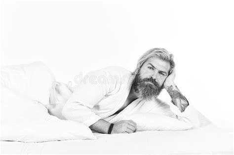 Morning Sex Concept Mens Health Man In Bathrobe Sleep In Bed Tiredness And Insomnia Stock