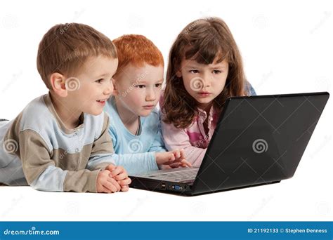 Happy Children Learning On Kids Notebook Computer Stock Image Image