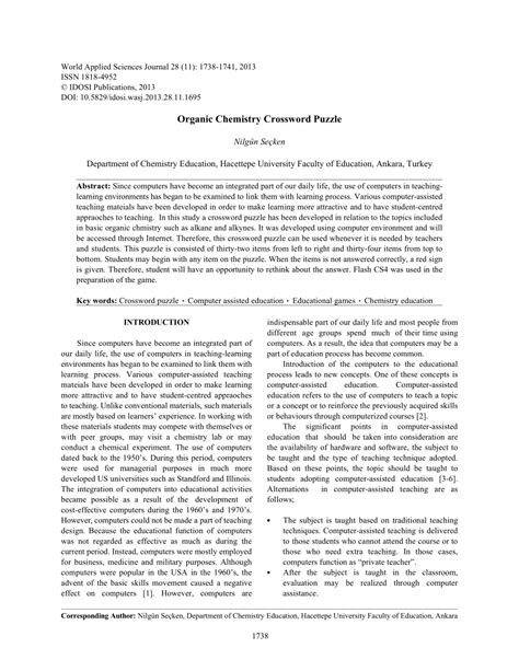 Solve crosswords on your computer, print them out for solving elsewhere or save them for finishing later. (PDF) Organic Chemistry Crossword Puzzle