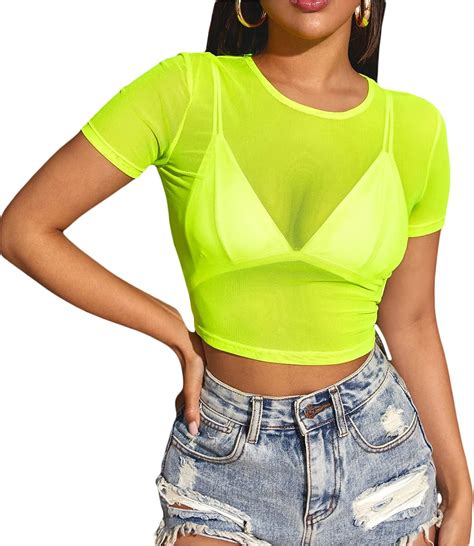 Women Mesh Crop Top Short Sleeve Crew Neck See Through Shirt Sheer Blouse Green M Amazon Ca
