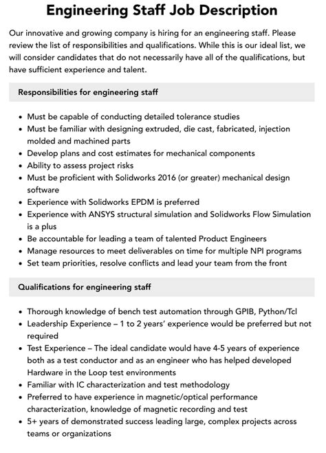 Engineering Staff Job Description Velvet Jobs