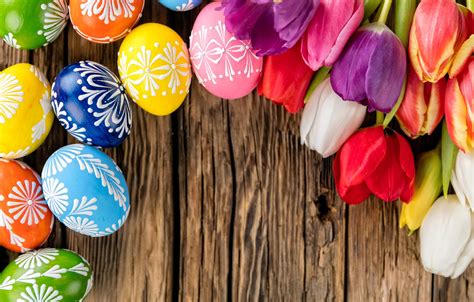 Wallpaper Eggs Colorful Easter Tulips Happy Wood Flowers Tulips