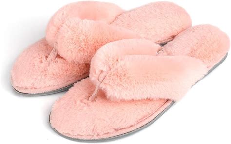 Rockdove Womens Fuzzy Fur Thong Slippers With Memory Foam