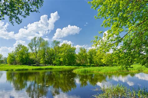Spring Summer Landscape Blue Sky Clouds River Boat Green Trees Stock