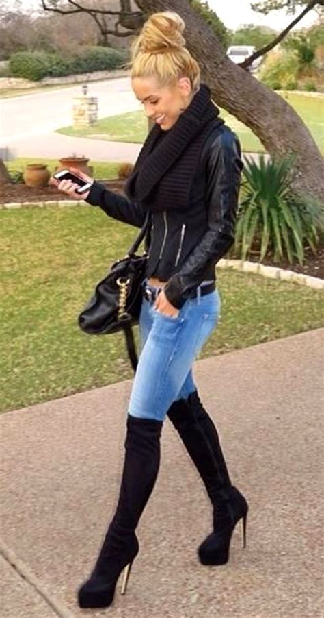 Knee High Platform Boots Outfit With Denim Jeans Fashion Clothes Cool Outfits