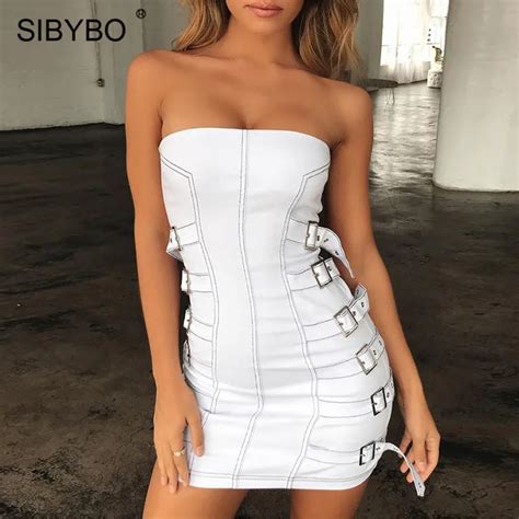Sibybo Strapless Metal Button Summer Mini Dress Off Shoulder Sleeveless Sexy Women Dress