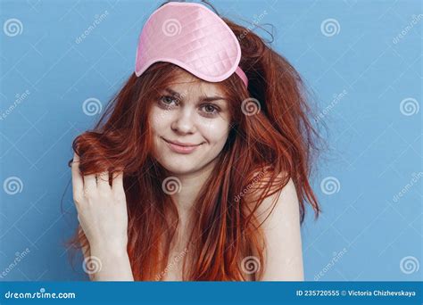 Woman With Tousled Hair Sleep Mask Posing Close Up Stock Image Image Of Pretty Funny 235720555