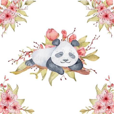 Watercolor Panda Bear Illustration With Sakura Flowers Decor Cute