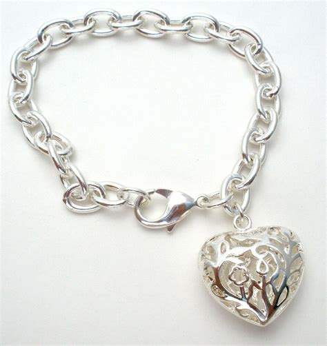 Sterling Silver Open Puffed Heart Charm Link Bracelet Long