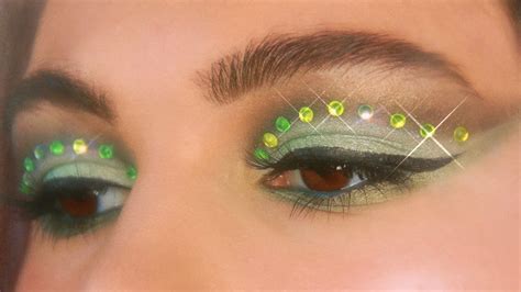 Green Glam Cut Crease Eyeshadow Tutorial With Rhinestones For Hooded