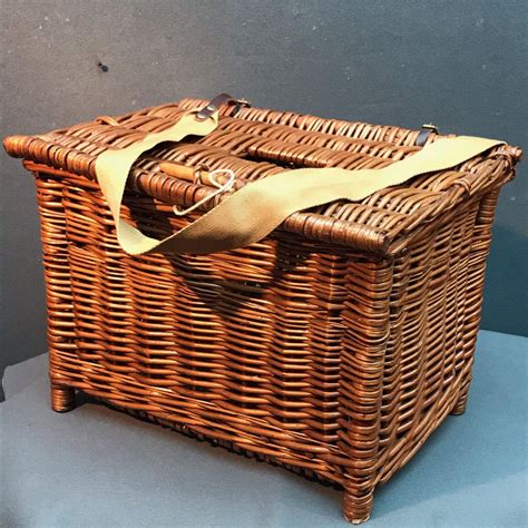 Large Vintage Wicker Fishing Basket - Leather & Sporting Goods 