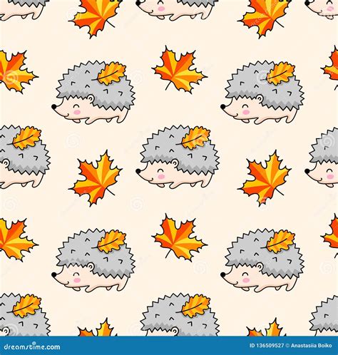 Kawaii Hedgehogs Autumn Maple Leaves Stock Vector Illustration Of
