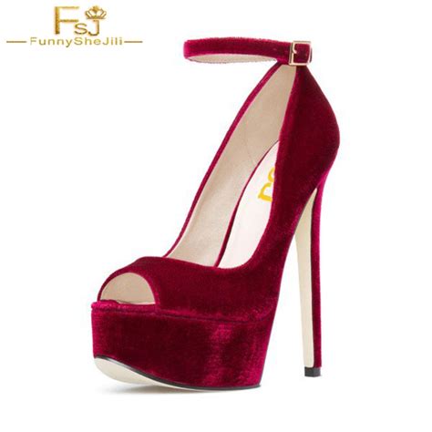 Buy Burgundy Velvet Heels Peep Toe Ankle Strap Stiletto Heel Pumps Woman Red