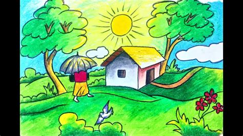 How to draw scenery/landscape of summer season for kids step by step