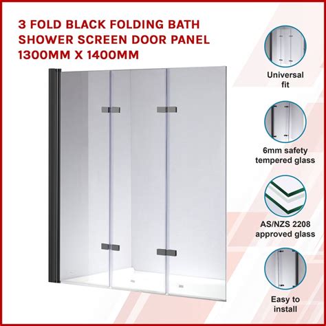 3 fold black folding bath shower screen door panel 1300mm x 1400mm buy bath screens 2219327