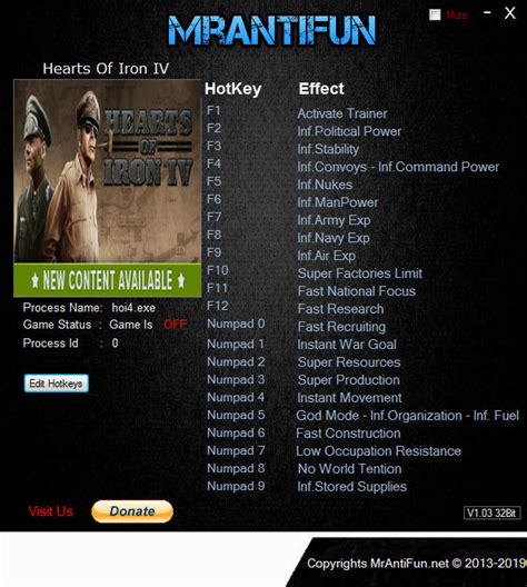 It instantly completes any upgrade as soon as you click it, though you still need civilian factories to upgrade. Hearts of Iron 4 Trainer +24 v1.6.0 MrAntiFun GAME TRAINER ...